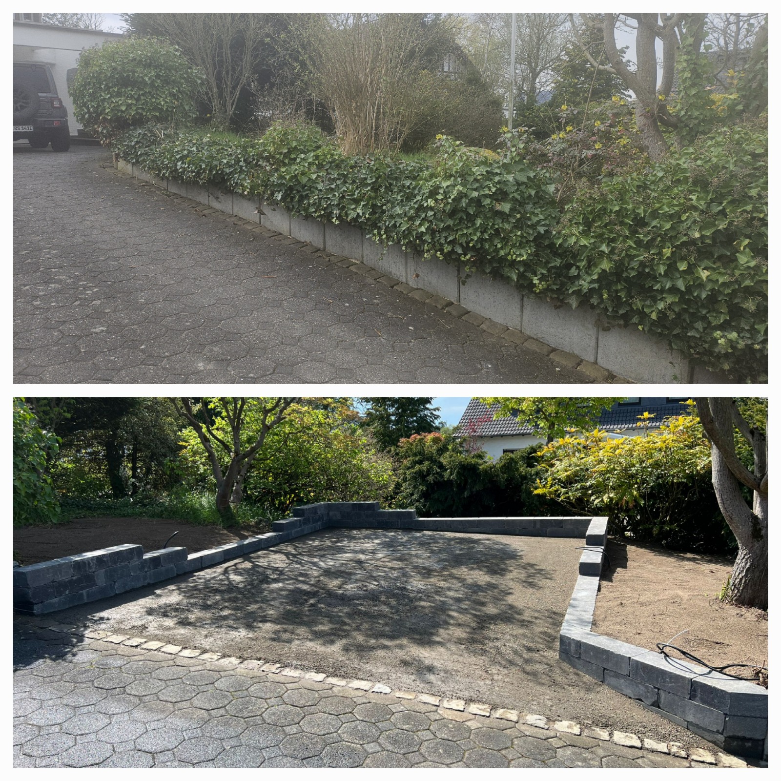 Heckenpflanzung und Natursteinmauer als Grundstückseinfriedung
